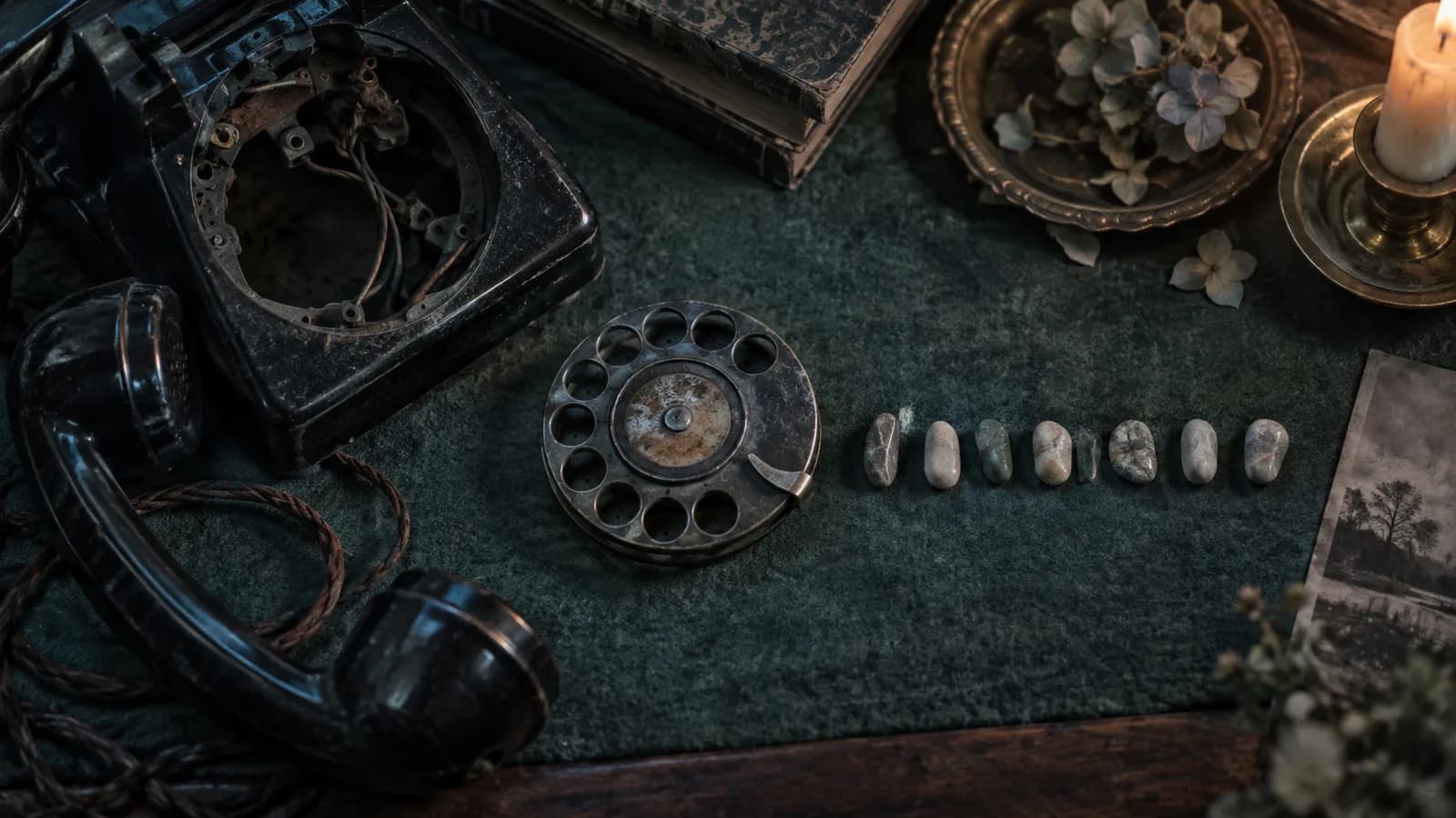 Original illustration: An unplugged rotary telephone dial removed from its housing beside a row of small unmarked tally pebbles on felt, top-down still life.