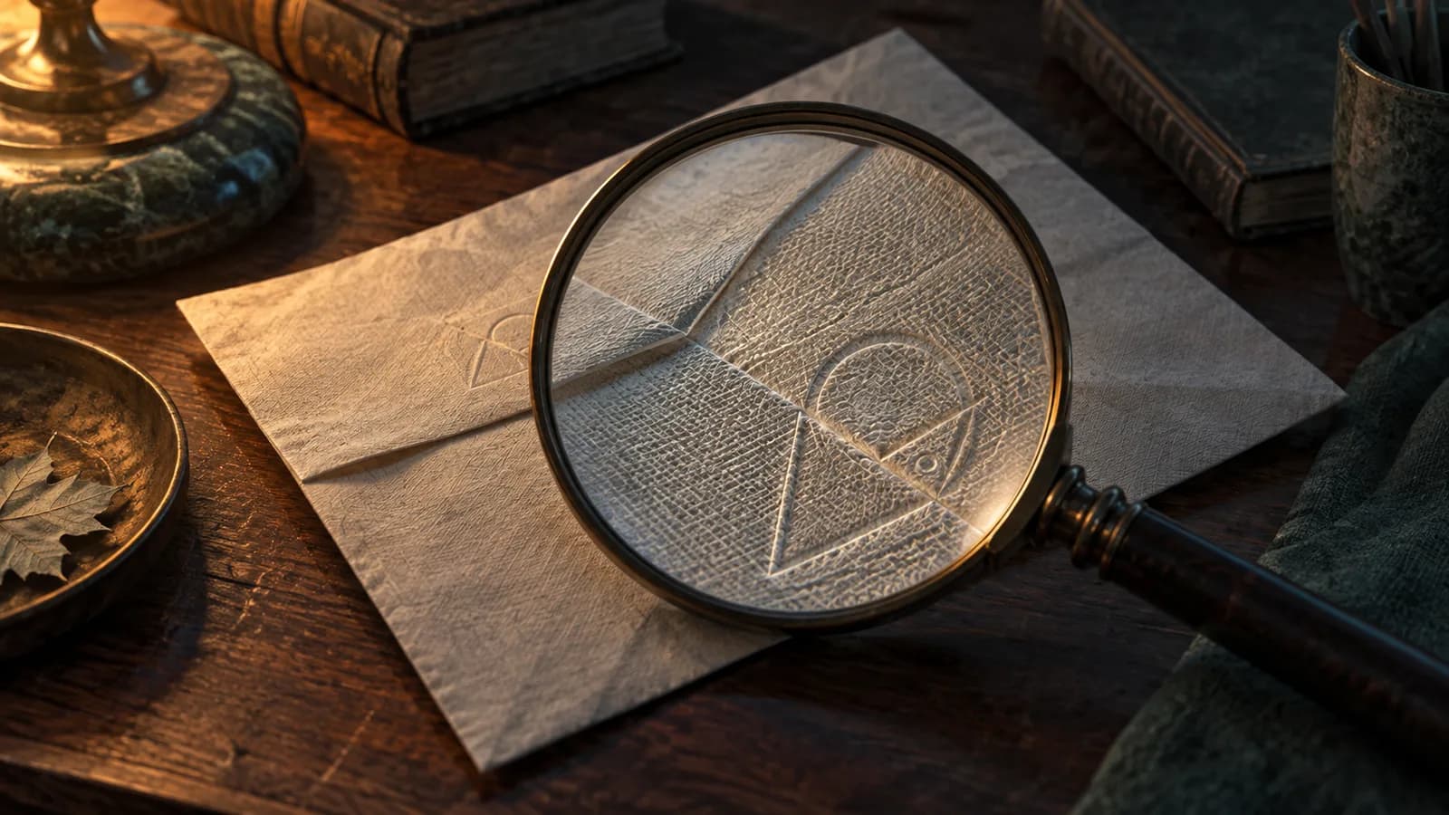Original illustration: An oval magnifying glass enlarging the weave of a blank folded paper and embossed geometric marks, oblique tabletop shot.