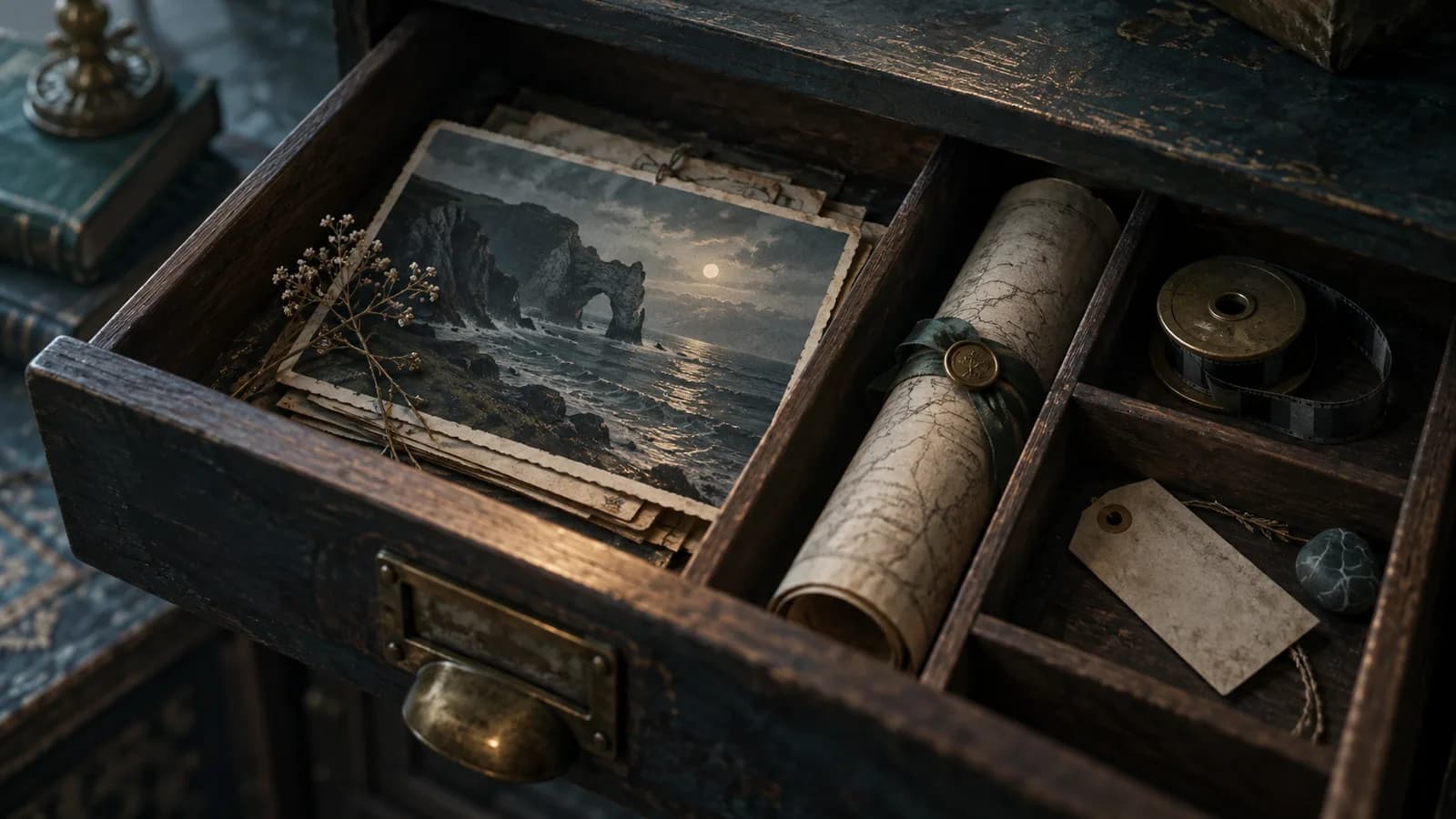 Original illustration: An archival drawer with separate compartments containing a postcard, a rolled paper, a small tape spool and a blank tag, viewed diagonally, elegant museum-like still life.