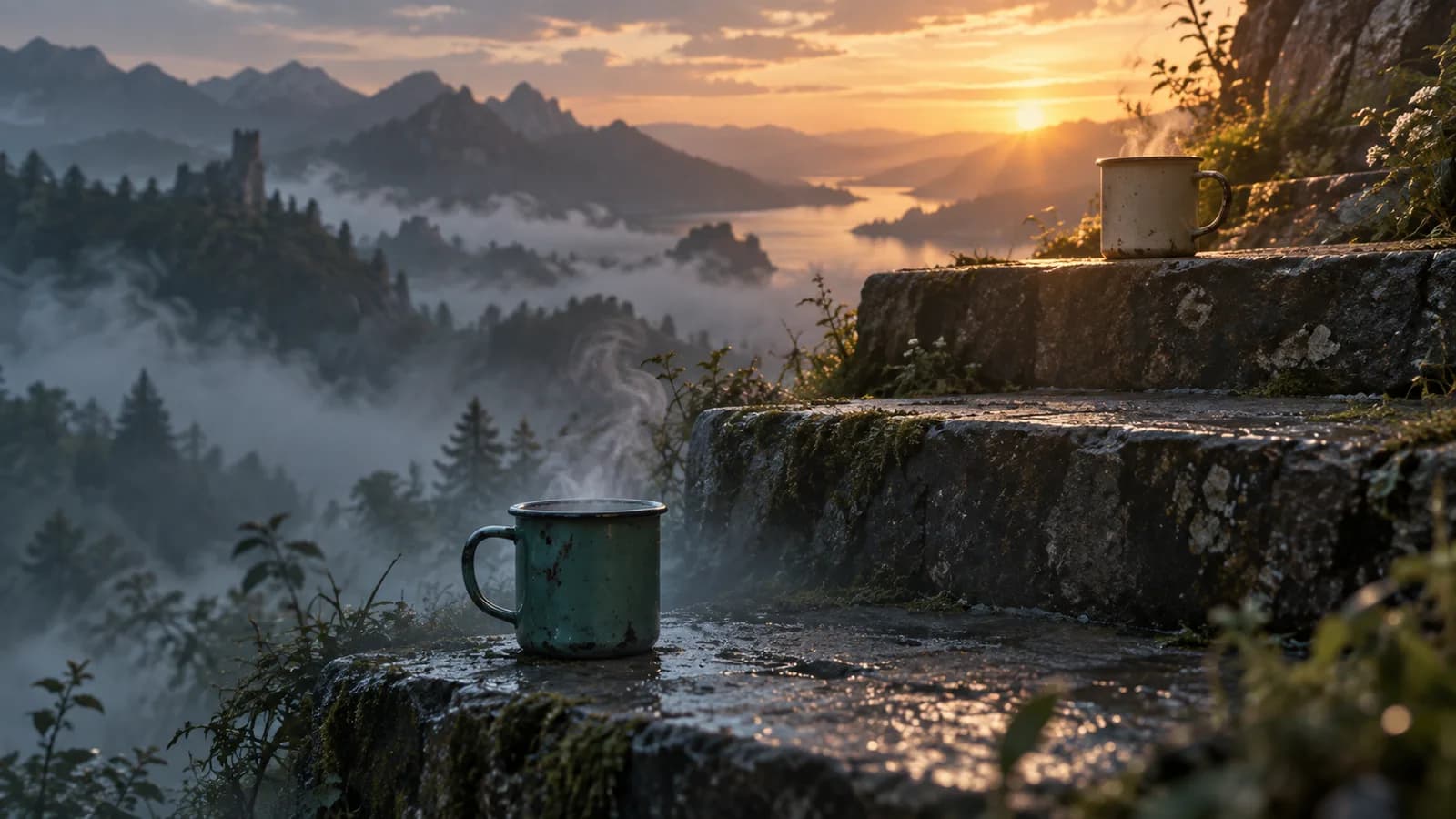 Original illustration: Two simple enamel mugs on successive stone steps at sunrise, cool mist at the lower step and warm light at upper step, a quiet symbolic head start.