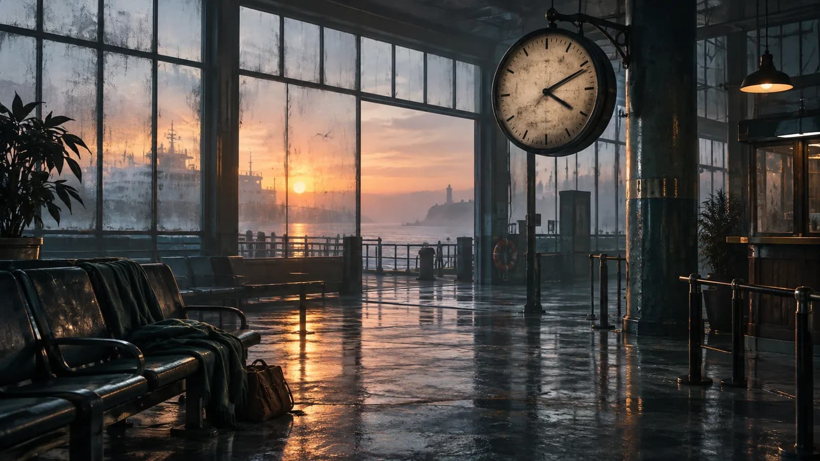 Original illustration: A large analog station clock hangs over an empty ferry departure hall, first orange daylight enters through frosted windows.