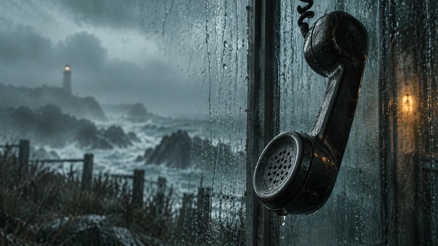 Original illustration: Extreme close view of an old unbranded telephone receiver hanging diagonally on a coiled cord against rain-streaked coastal glass, pale fog outside, one small amber reflection, receiver dominates the right of the image, no writing.