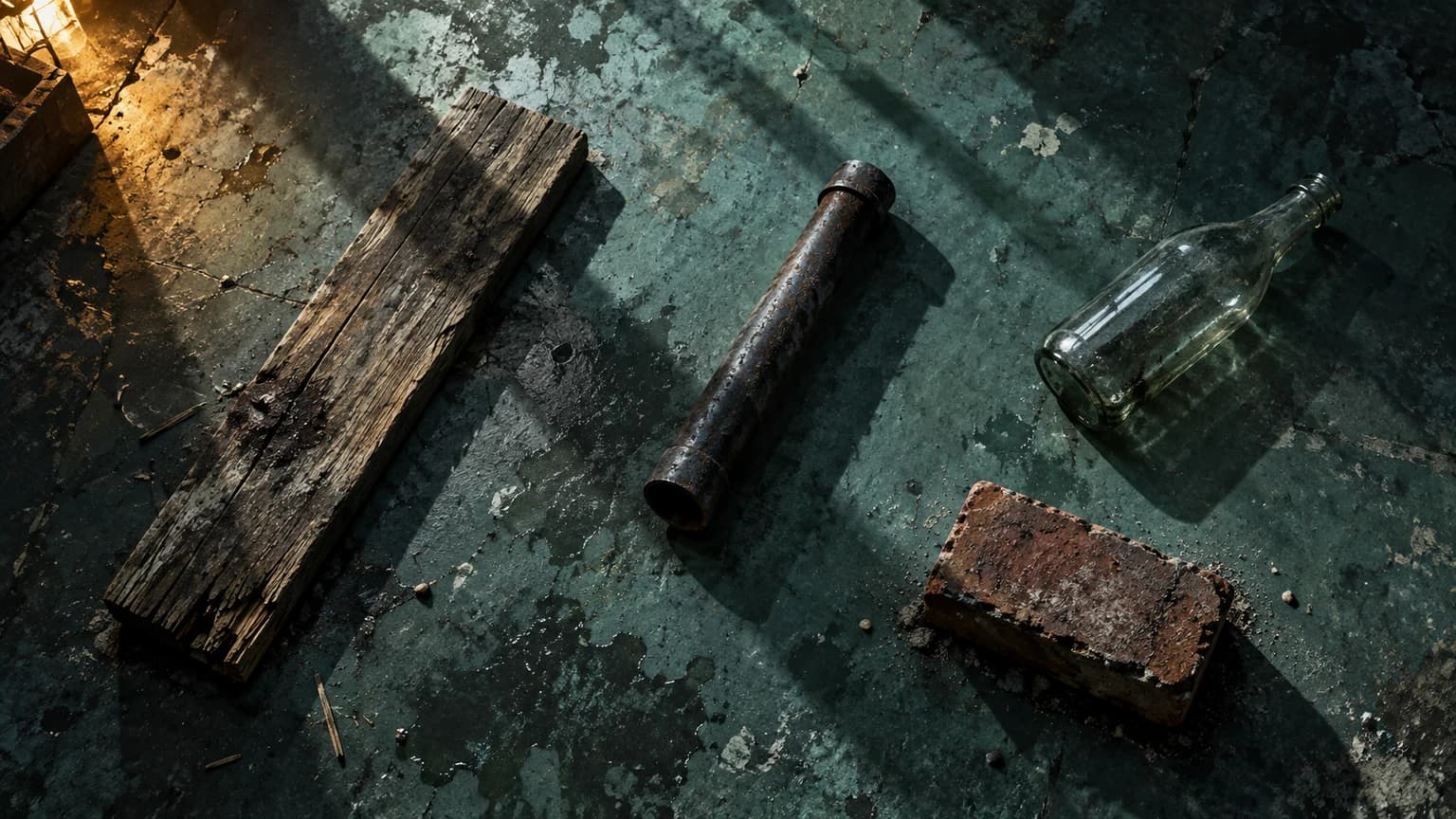Original illustration: Top-down view of a battered wooden plank, a short iron pipe, a single empty glass bottle and a brick laid separately across a diagonally lit sea-green workshop floor, broad angular shadows, a small amber light spill in one corner, no people.