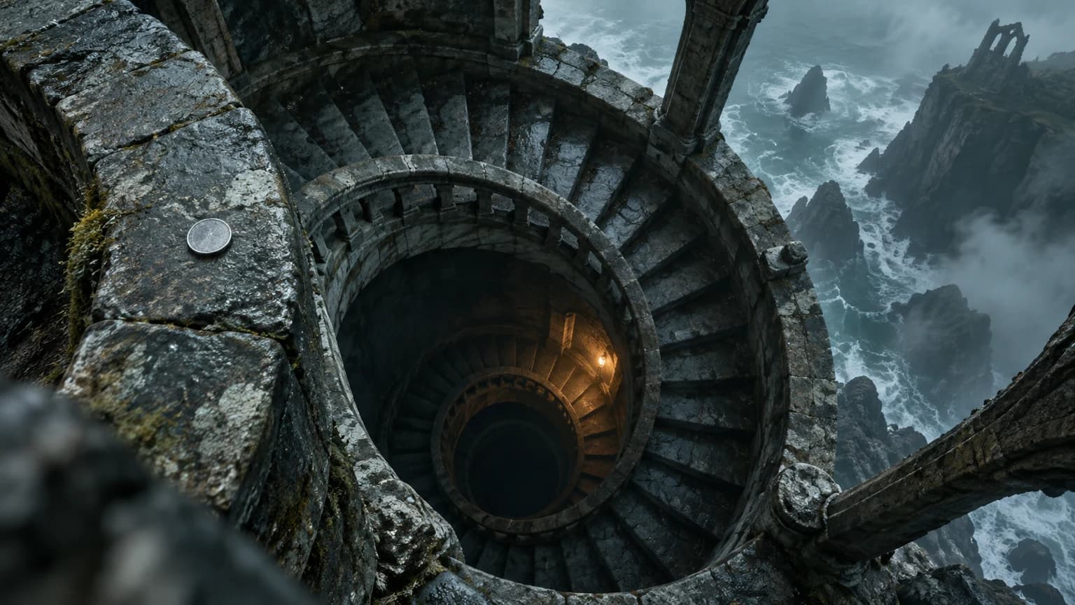 Original illustration: A dramatic overhead view of a circular coastal stone staircase winding around a dark empty central shaft, a small silver unmarked disc on the top landing and an amber light below; strong spiral composition, no people.