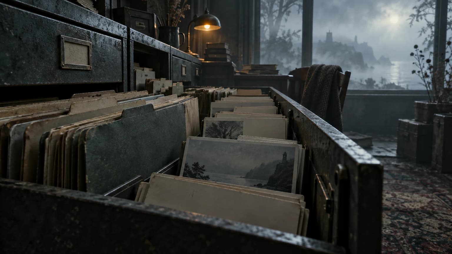 Original illustration: A low wide side view of an open metal archive cabinet, uneven rows of blank folders and blank-backed postcards receding from the left foreground toward a pale foggy window on the right, a tiny amber desk lamp; quiet collection planning, no writing.