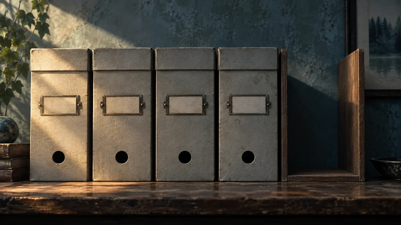 Original illustration: A tidy row of sealed archival boxes with one final small blank folder being represented by an empty slot beside them, minimalist frontal composition, warm grey paper against blue shadow.