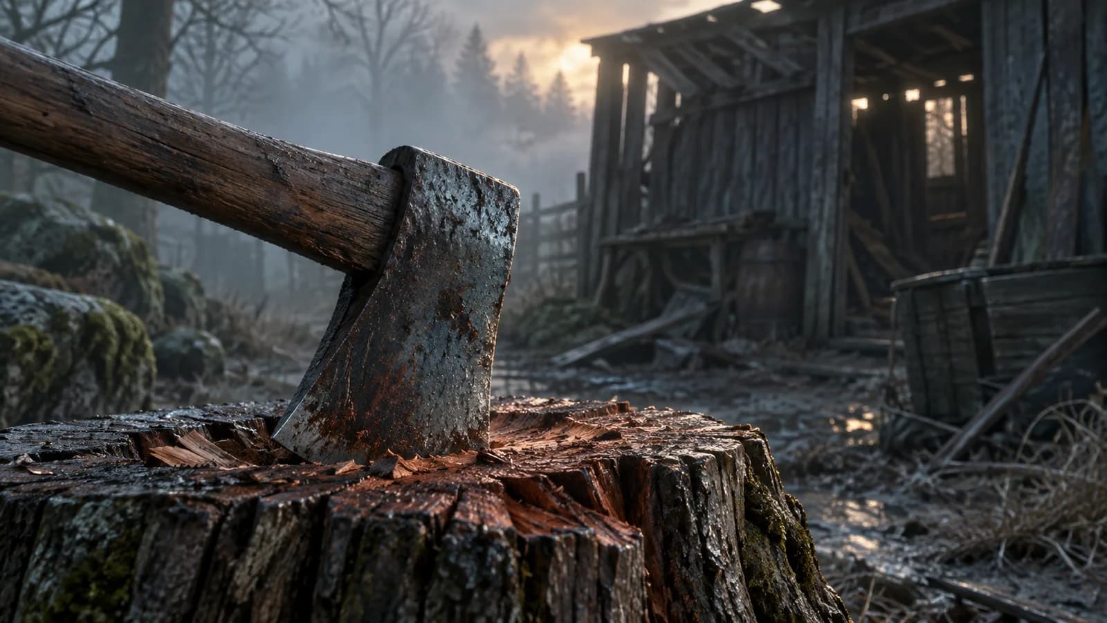 Original illustration: Extreme close-up of a generic weathered axe embedded in a plain tree stump outside a ruined work shed, reddish wood grain and cold steel highlighted by diffuse mist light, not a game asset.