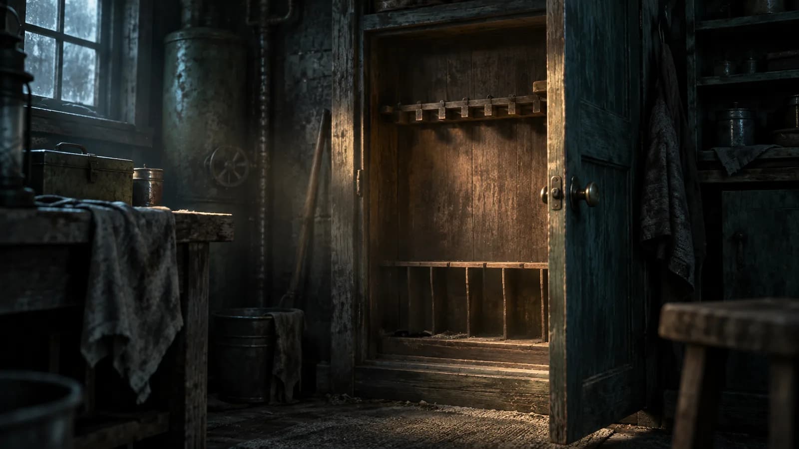 Original illustration: An empty wooden tool rack in a dim utility room, one deep rectangular recess visible behind a slightly open cupboard, light touches dust motes.