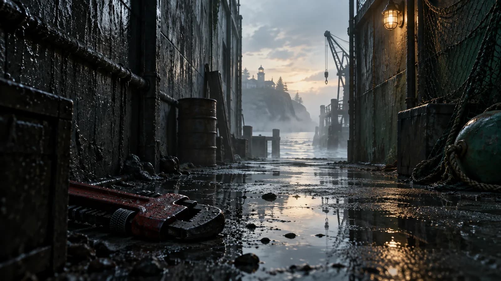Original illustration: A narrow gap between two rain-soaked industrial walls leads into soft daylight.