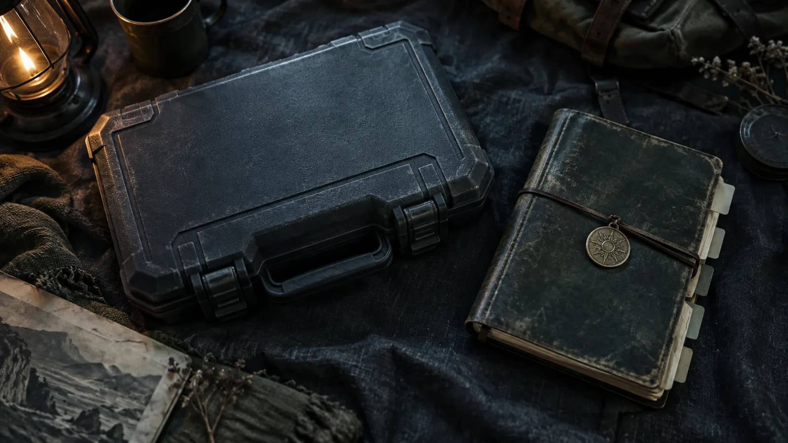 Original illustration: A closed plain pistol case next to a field journal marked only with blank tabs, a brass token on its cover, angular top-down composition on charcoal fabric.