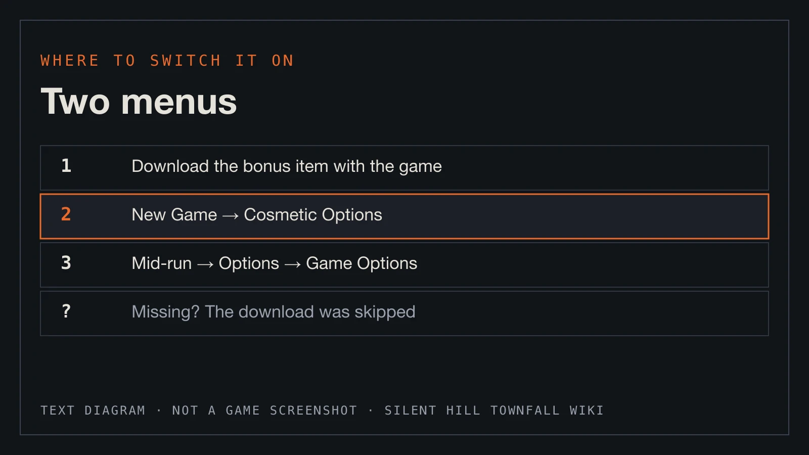 Text diagram: download the bonus item, then Cosmetic Options or Options > Game Options.