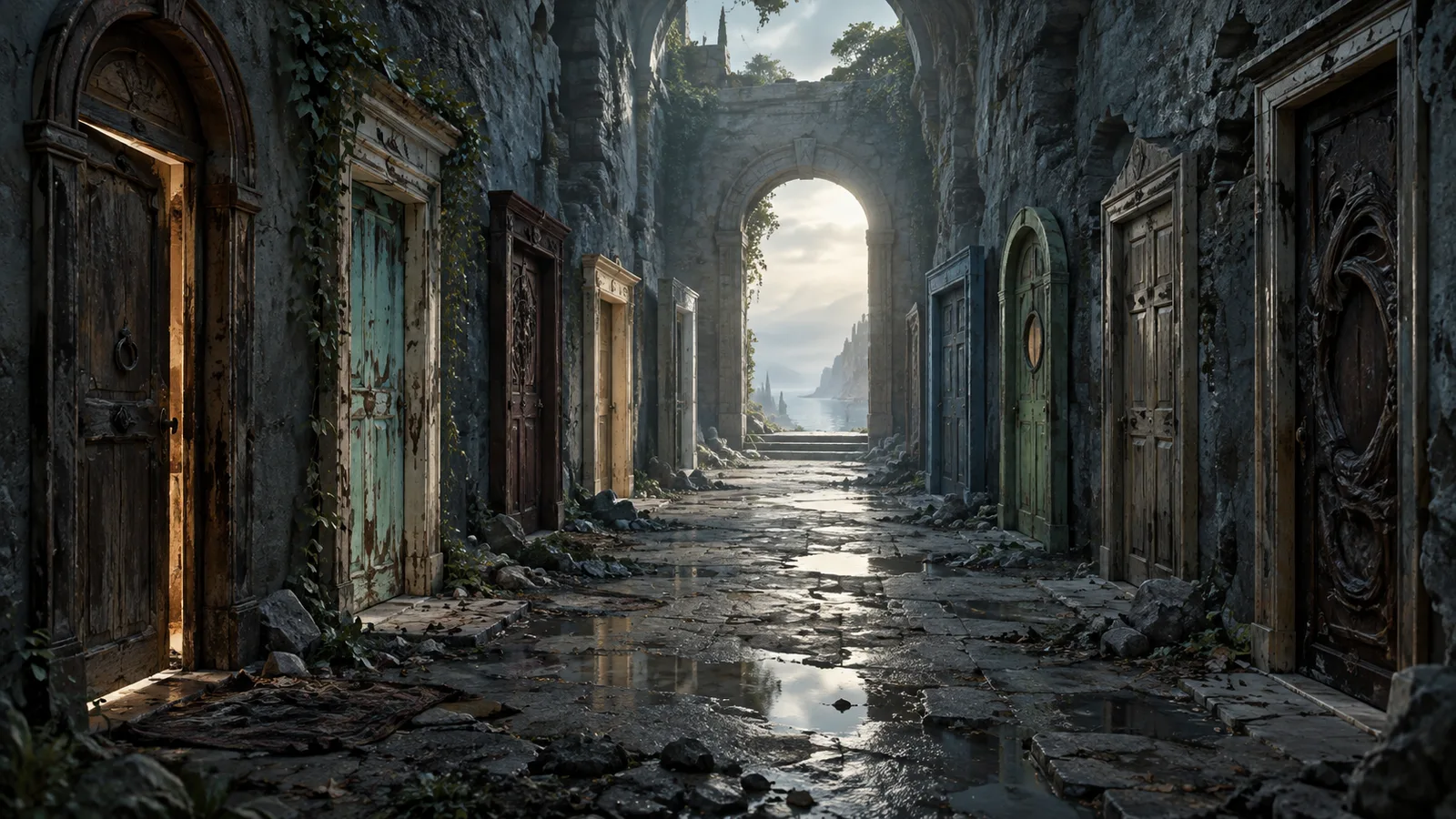 Original illustration: An architectural procession of nine mismatched doorframes in a long ruined stone passage, perspective toward pale daylight.
