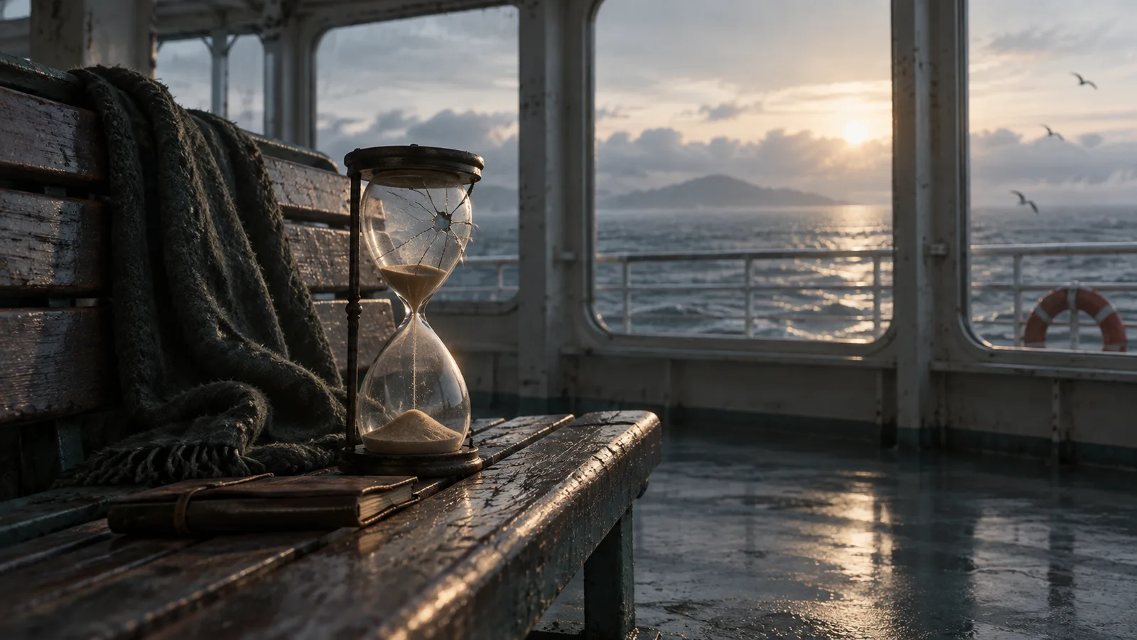 Original illustration: A cracked hourglass on a solitary ferry bench, pale morning light through large windows, distant sea horizon.