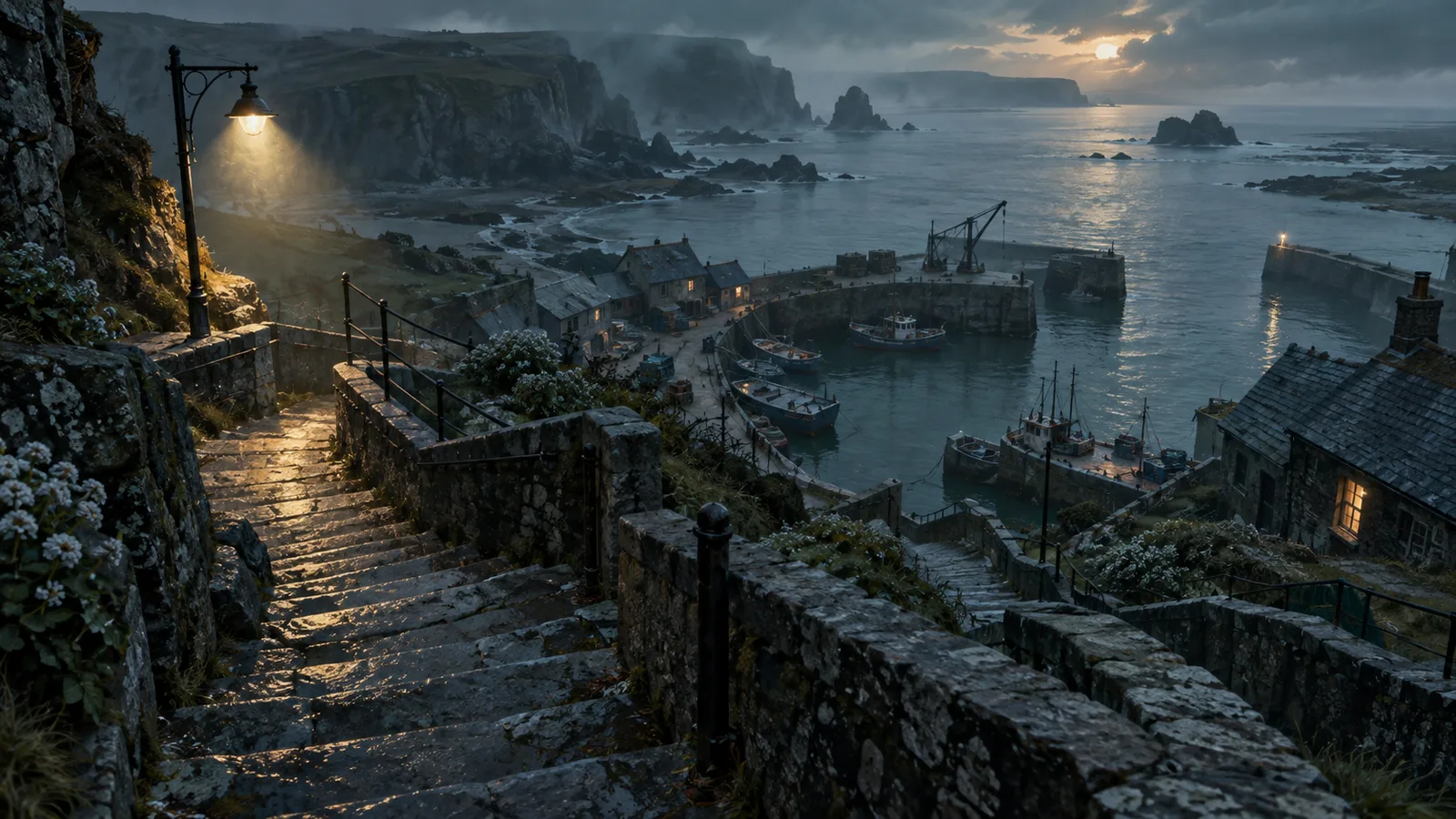 Original illustration: A high viewpoint over an invented tidal harbour, a long zigzag stone stair descending toward fishing sheds, one pale beam from a harbour lamp.