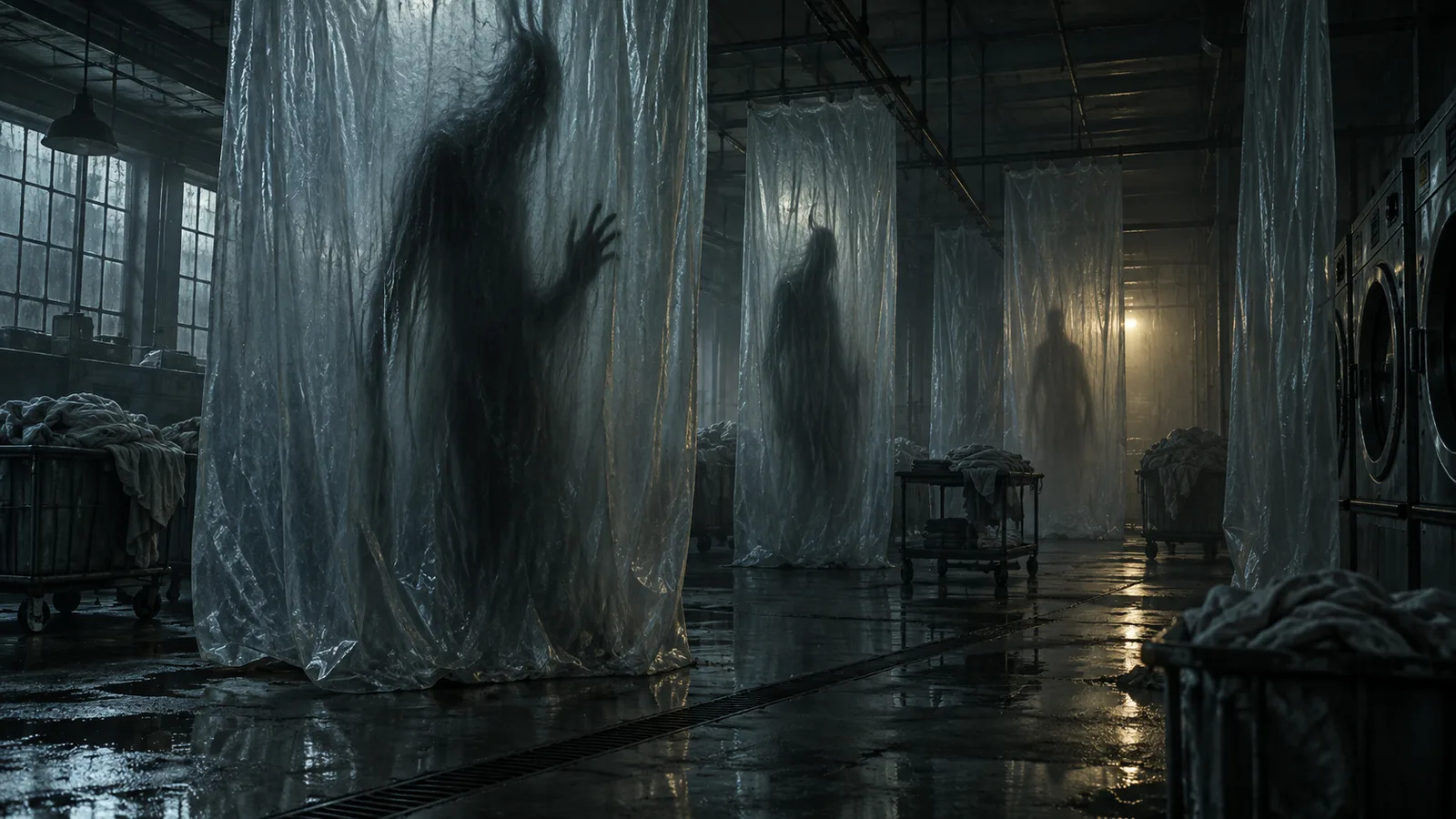 Original illustration: Three indistinct inhuman shadows distorted by hanging translucent industrial sheets in a vast dark laundry room, original abstract silhouettes.