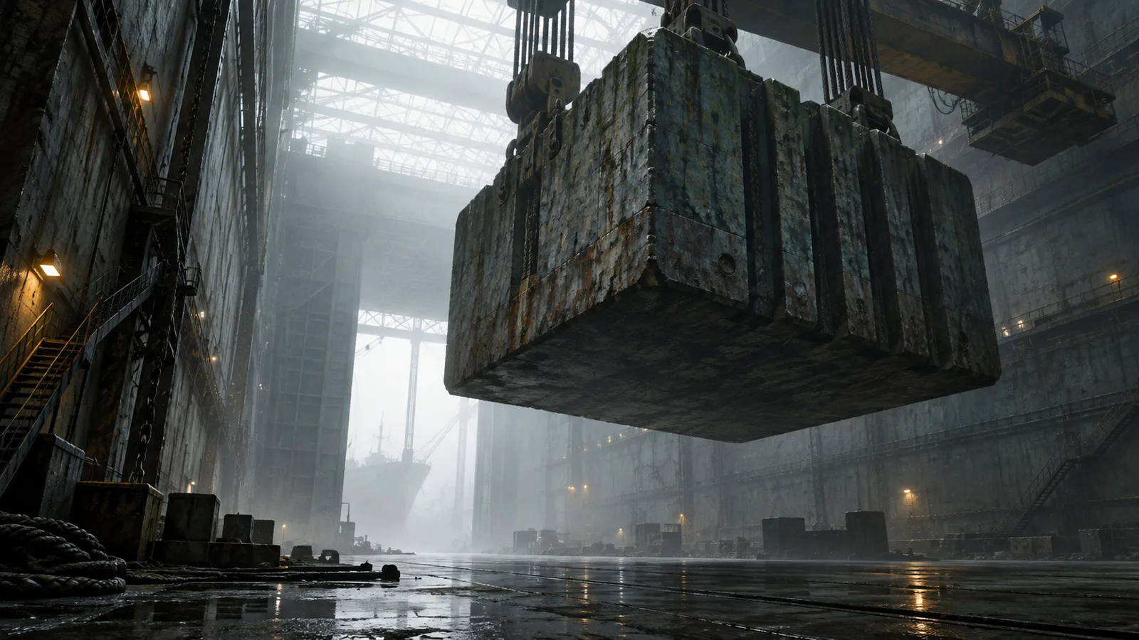 Original illustration: An enormous hanging shipyard counterweight suspended over an empty concrete floor, low perspective emphasizes oppressive mass, white fog through skylight.