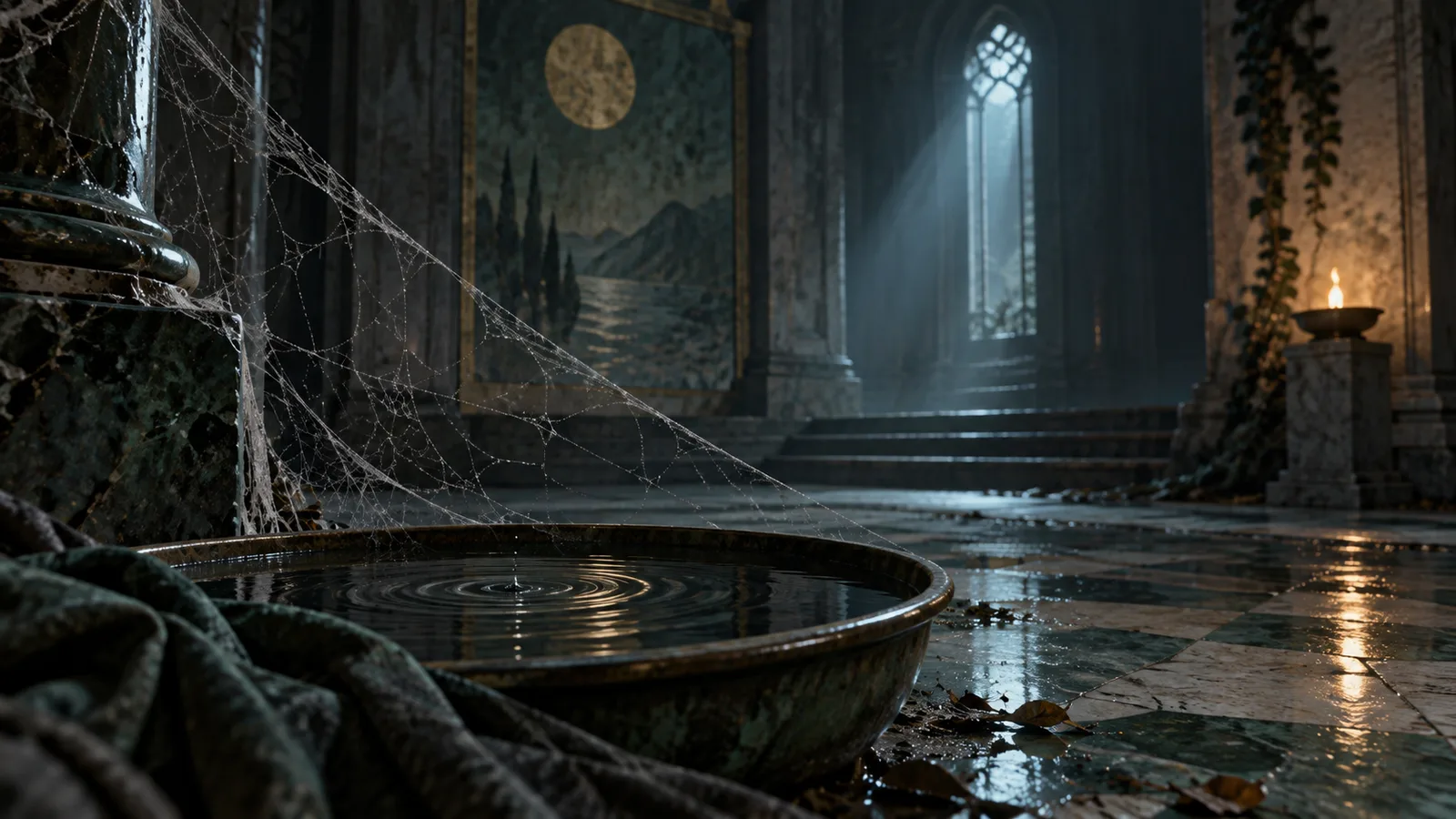 Original illustration: An empty tiled chamber with delicate cobweb threads catching light across the foreground, a distant sound source suggested by ripples in a water tray.