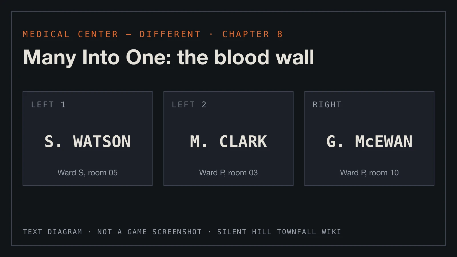 Text diagram: the Many Into One wall slots, Sarah Watson left 1, Matthew Clark left 2 and George McEwan right, with the ward each bag is in.