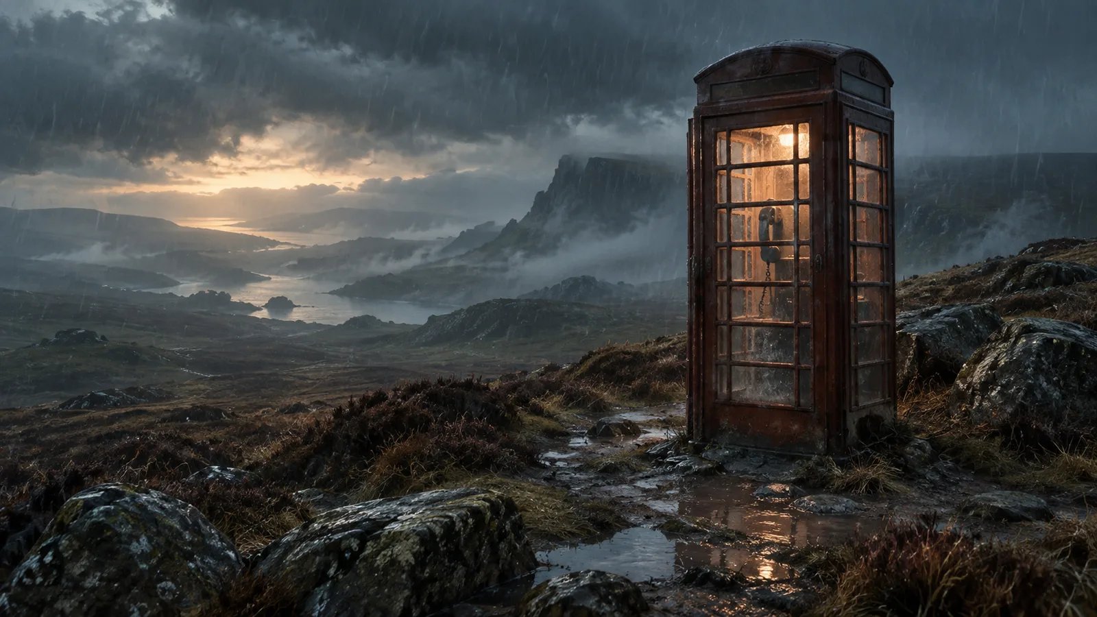 Original illustration: A lonely red-brown telephone box standing on an exposed moor in heavy drizzle, handset visible through steamed glass.