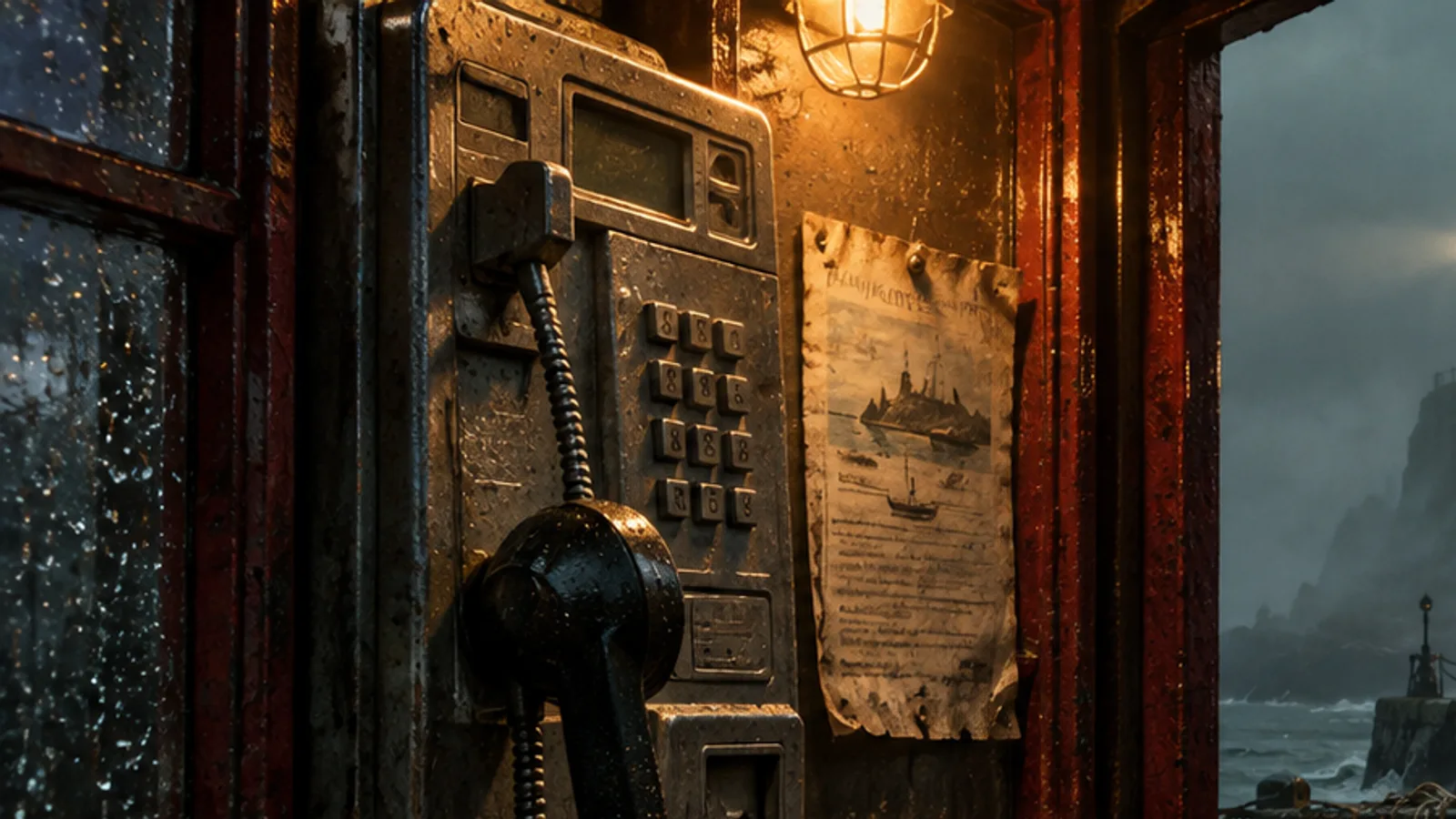 Original illustration: A weathered metal payphone with a hanging black receiver inside a rain-beaded booth, a faded paper notice pinned beside it under a warm bulb.
