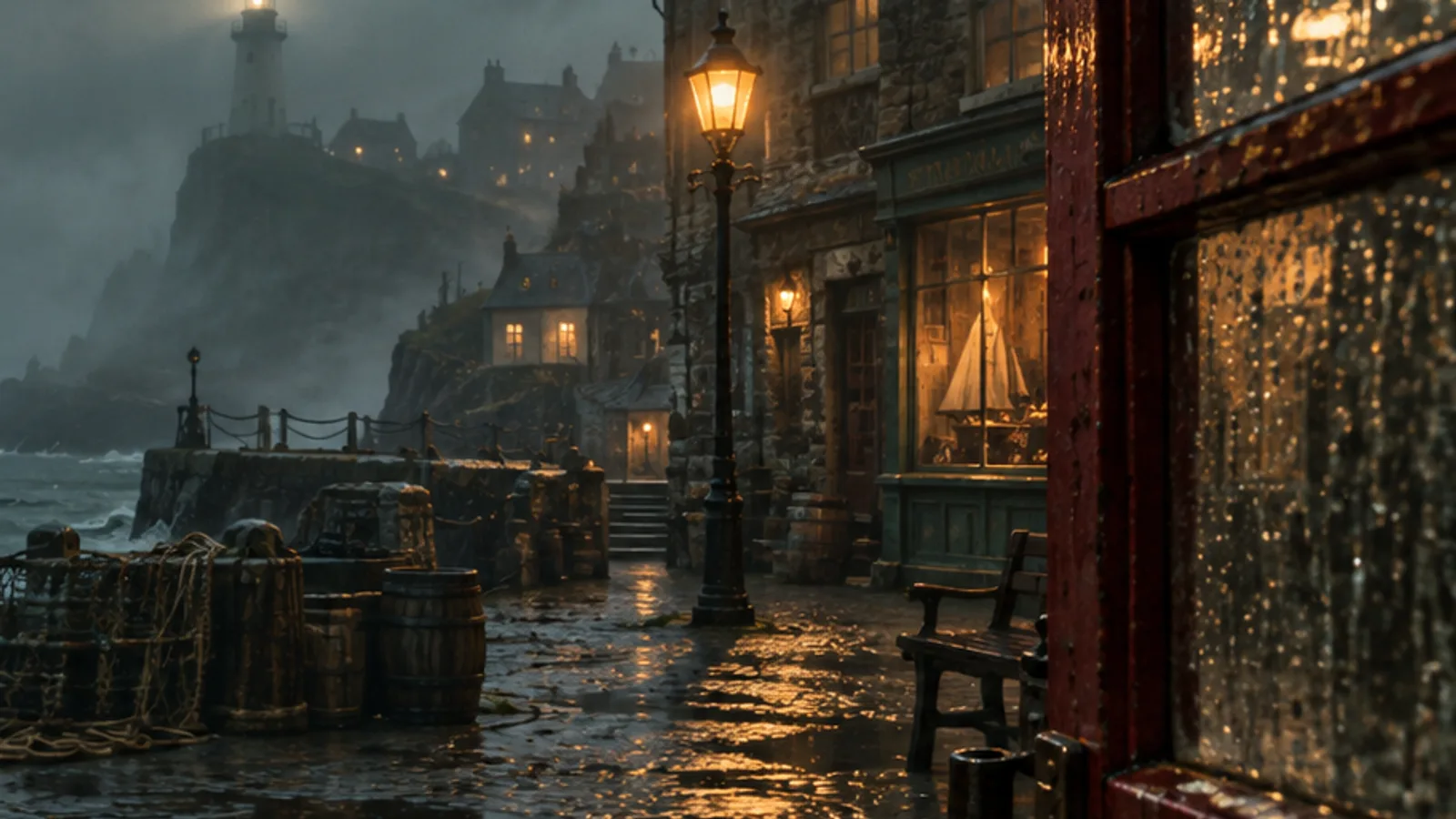 Original illustration: A wet cobbled harbour street at dusk seen past the red frame of a phone booth door, a lamp post, shopfronts and a foggy lighthouse beyond.