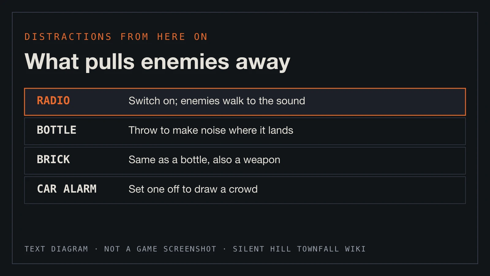 Text diagram: radio, bottle, brick and car alarm distractions.