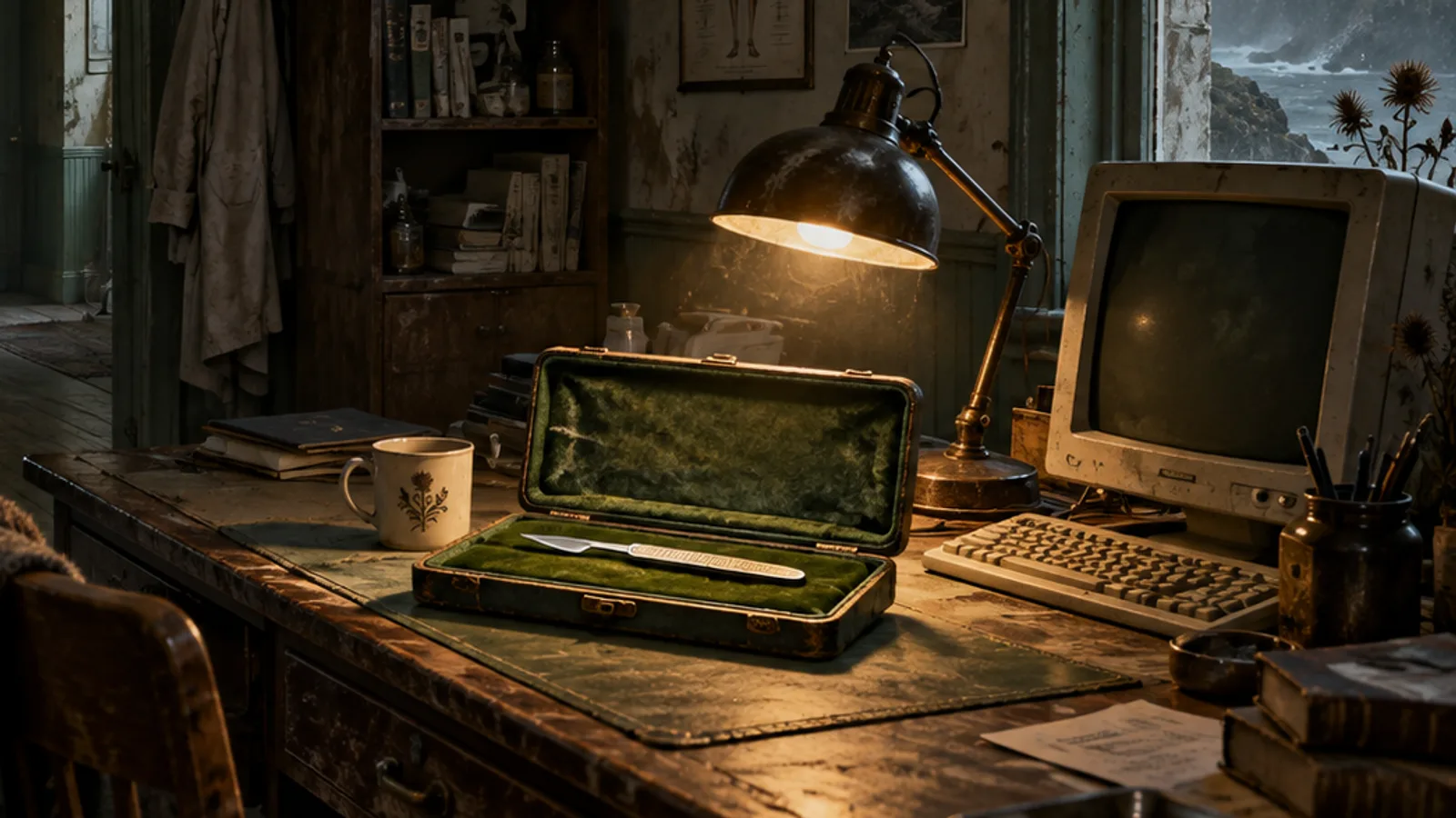 Original illustration: A worn clinic desk under a warm lamp, an open green-lined instrument case holding a single scalpel beside a bulky old computer monitor.