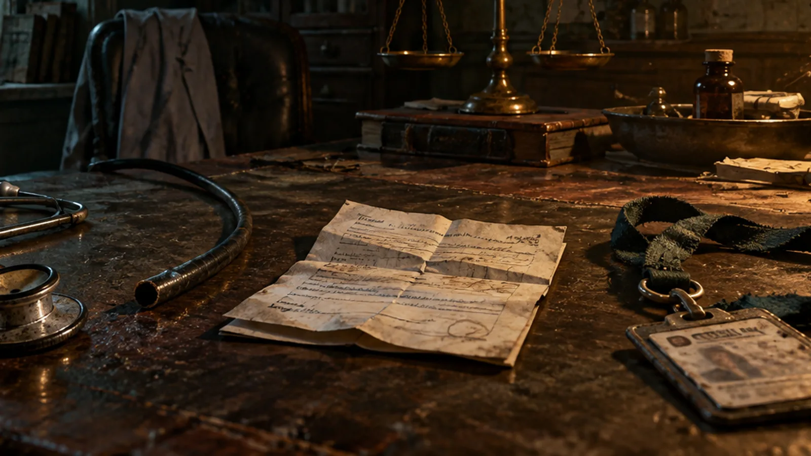 Original illustration: A folded, unreadable prescription paper on a dark wet desk between a broken stethoscope and a worn identity lanyard, a brass balance scale out of focus behind.