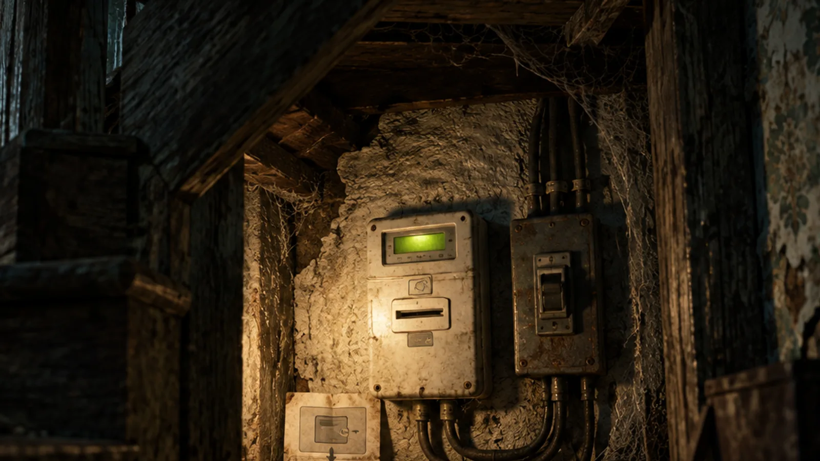 Original illustration: An aged prepaid electricity meter with a card slot and a dim green display, beside a breaker box on a rough plaster wall in a cramped crawlspace.