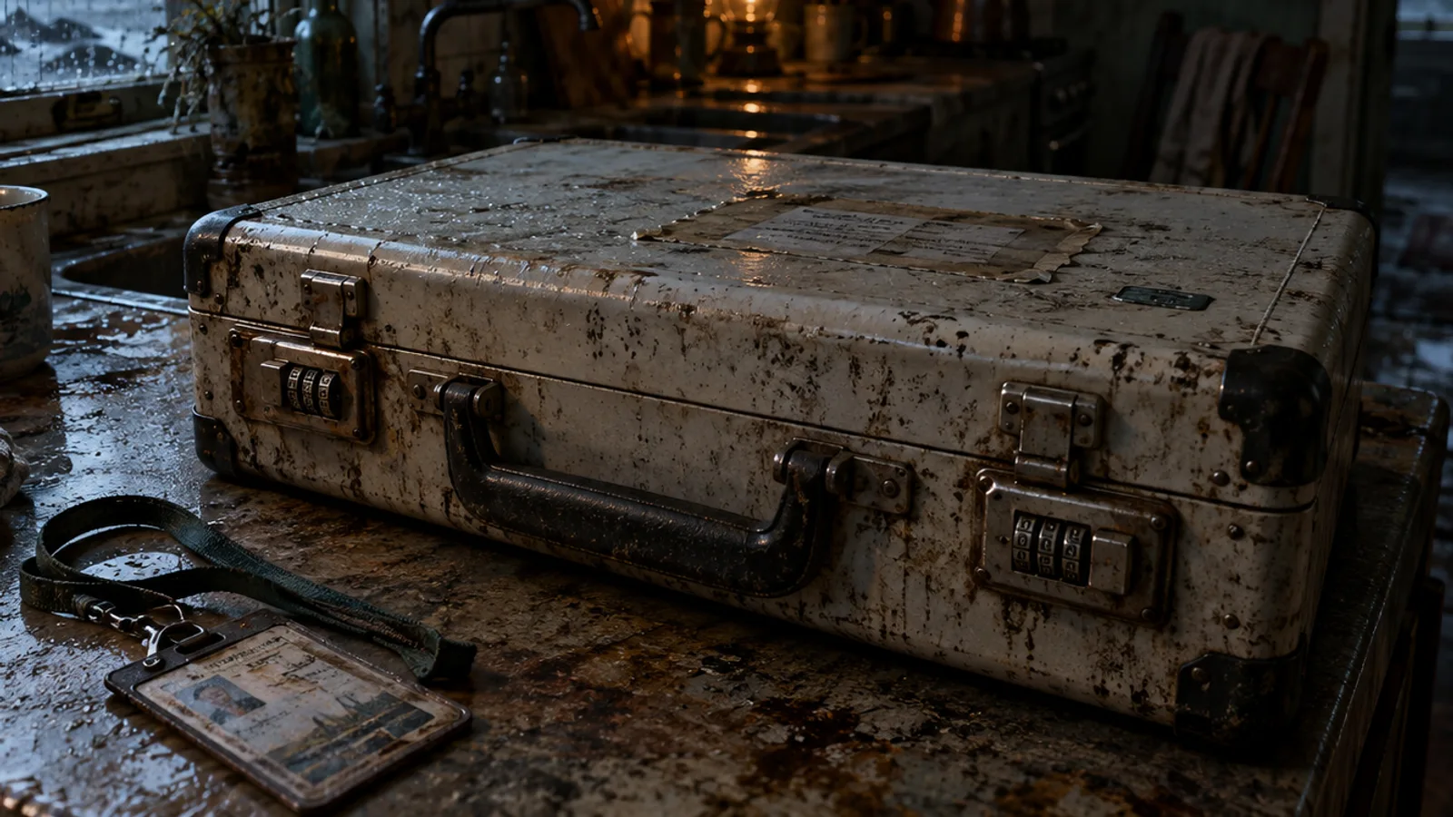 Original illustration: A battered pale transport case with two small combination locks on a rain-lit kitchen counter, an identity lanyard lying beside it.