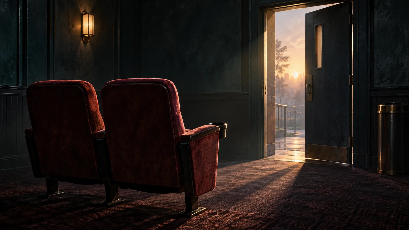 Original illustration: An empty cinema-like row of two upholstered seats facing a half-open door with dawn light spilling through, anticipation of arriving early.
