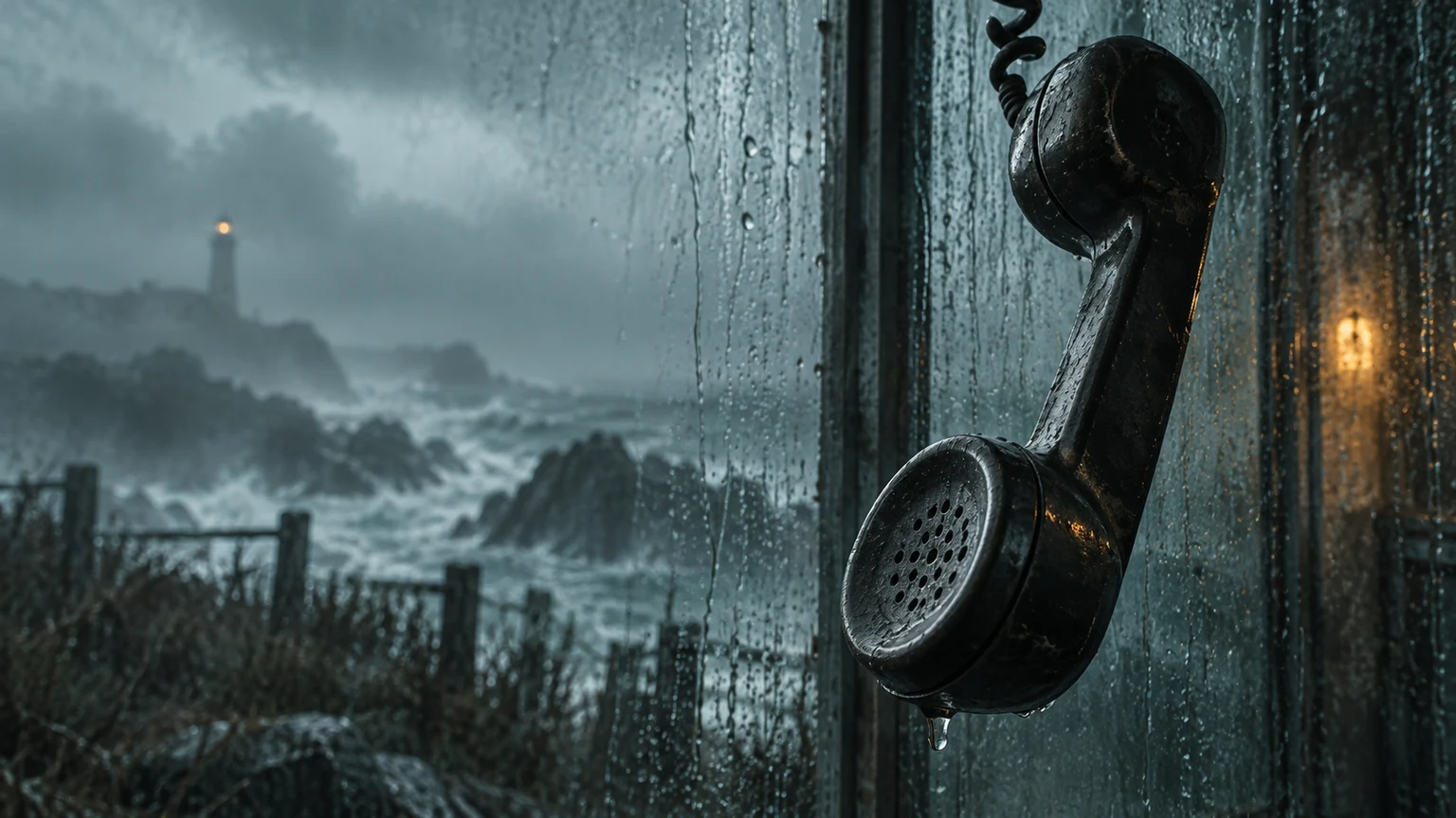 Original illustration: Extreme close view of an old unbranded telephone receiver hanging diagonally on a coiled cord against rain-streaked coastal glass, pale fog outside, one small amber reflection, receiver dominates the right of the image, no writing.