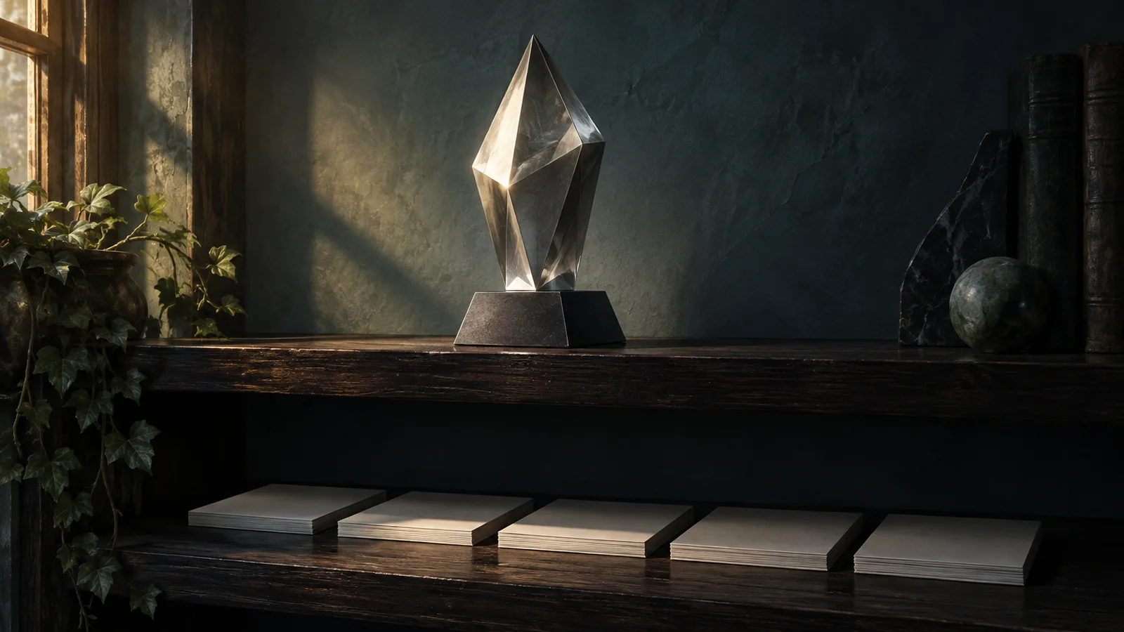 Original illustration: A solitary unbranded faceted platinum-colored geometric award on an empty dark wood shelf, a row of blank index cards below, precise side lighting.
